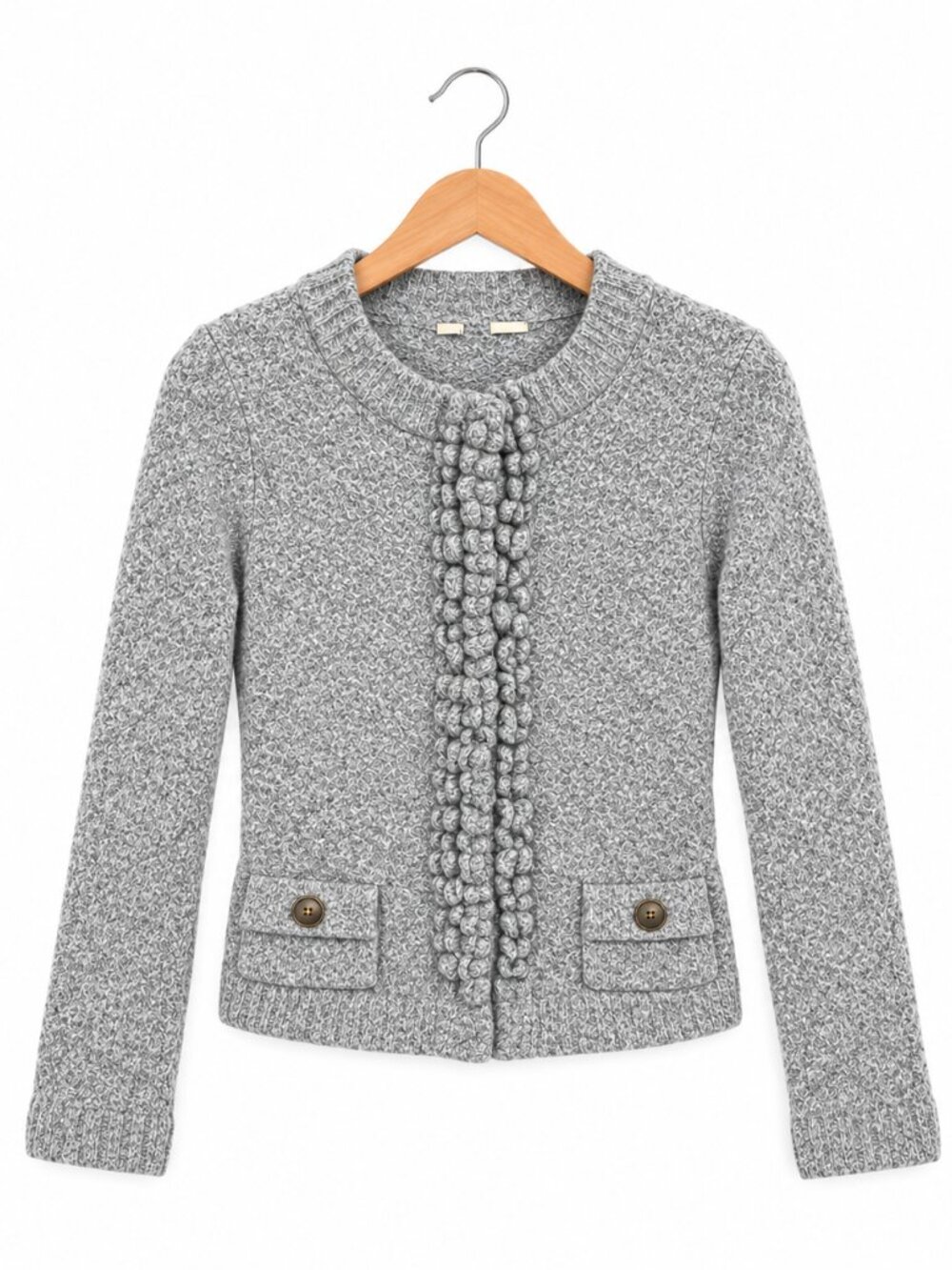 Anthropologie Moth Womens Wool Cardigan Medium Gray Ruffle Snap Front Sweater